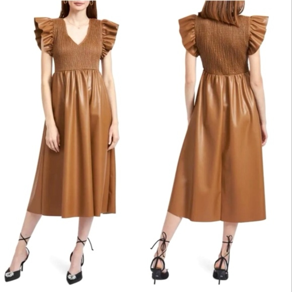 Women’s Dress - En Saison By LALA Vegan Leather Midi Brown Low Cut Ruffle Sleeve